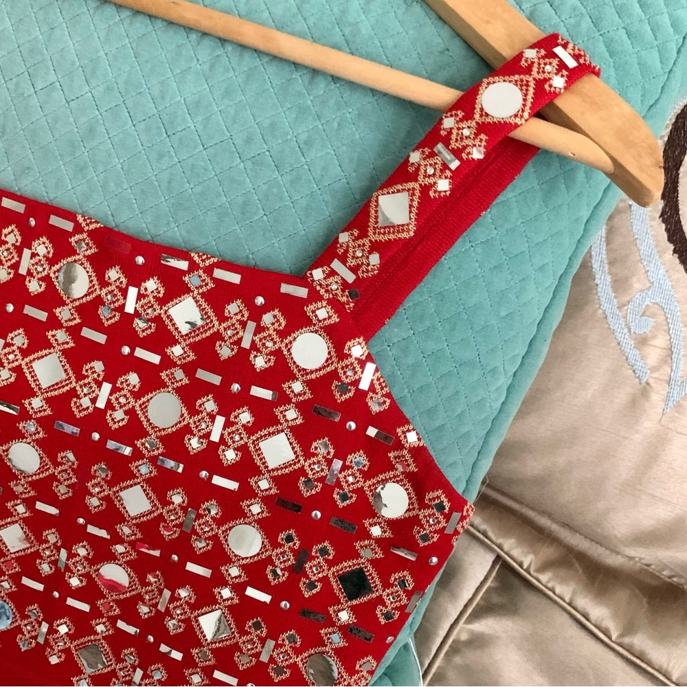 St.John Red Knit Maxi Dress with Gold Mirror Accents - Picture 6 of 8